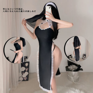 Nun Roleplay Costume Set with Headpiece, Dress and Thong, Sheer Mesh