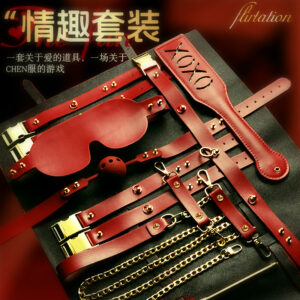 PU Bondage Restraint Kit with Handcuffs, Oral Ball and Nipple Clamps in Red