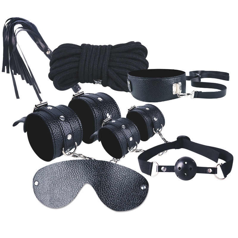 Seven-Piece Bondage Restraint Set with Handcuffs and Blindfold, Black-Red - Image 2