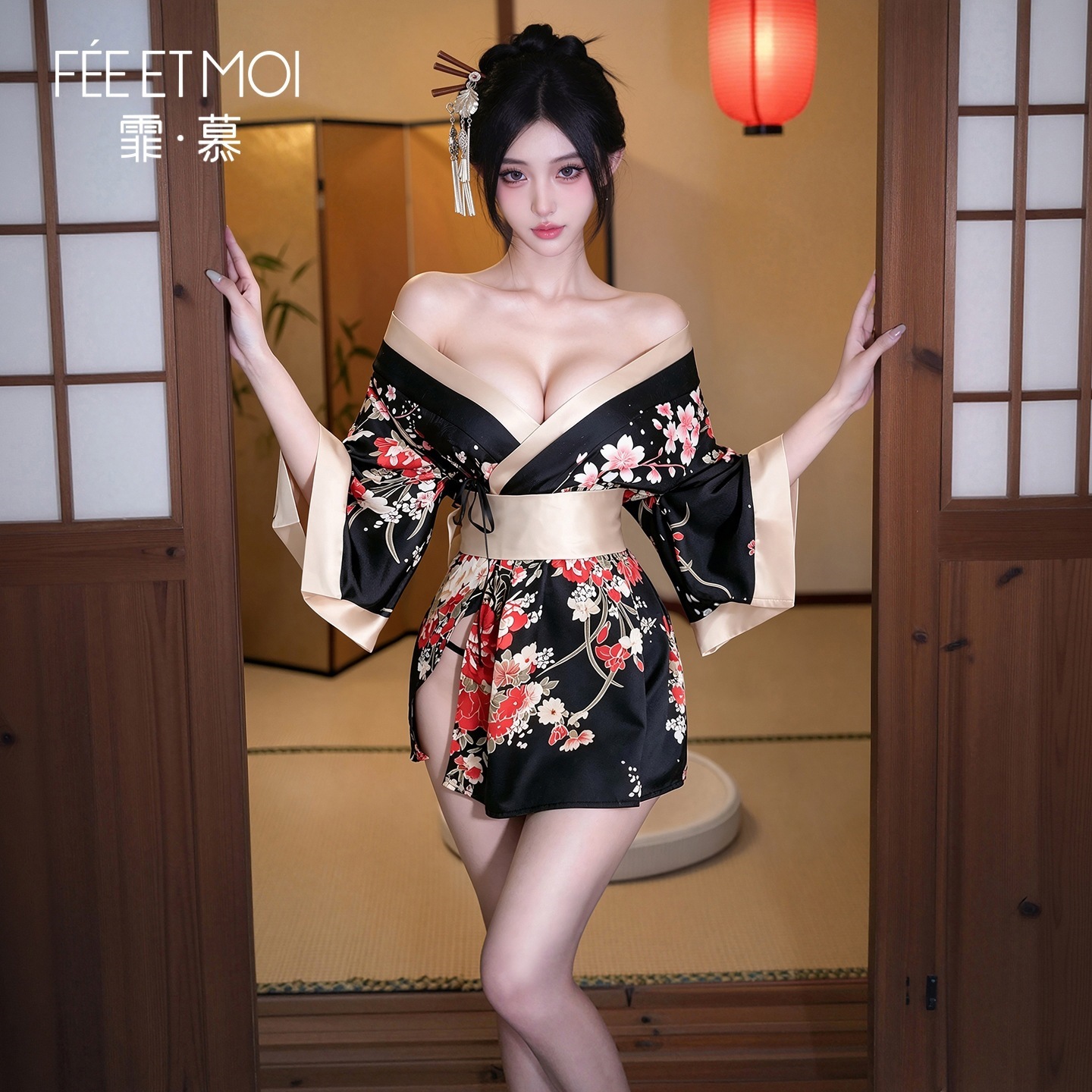 Women's Japanese-Style Kimono Lingerie Set with Low Neckline, Fitted Waist and Wide Sleeves - Image 2