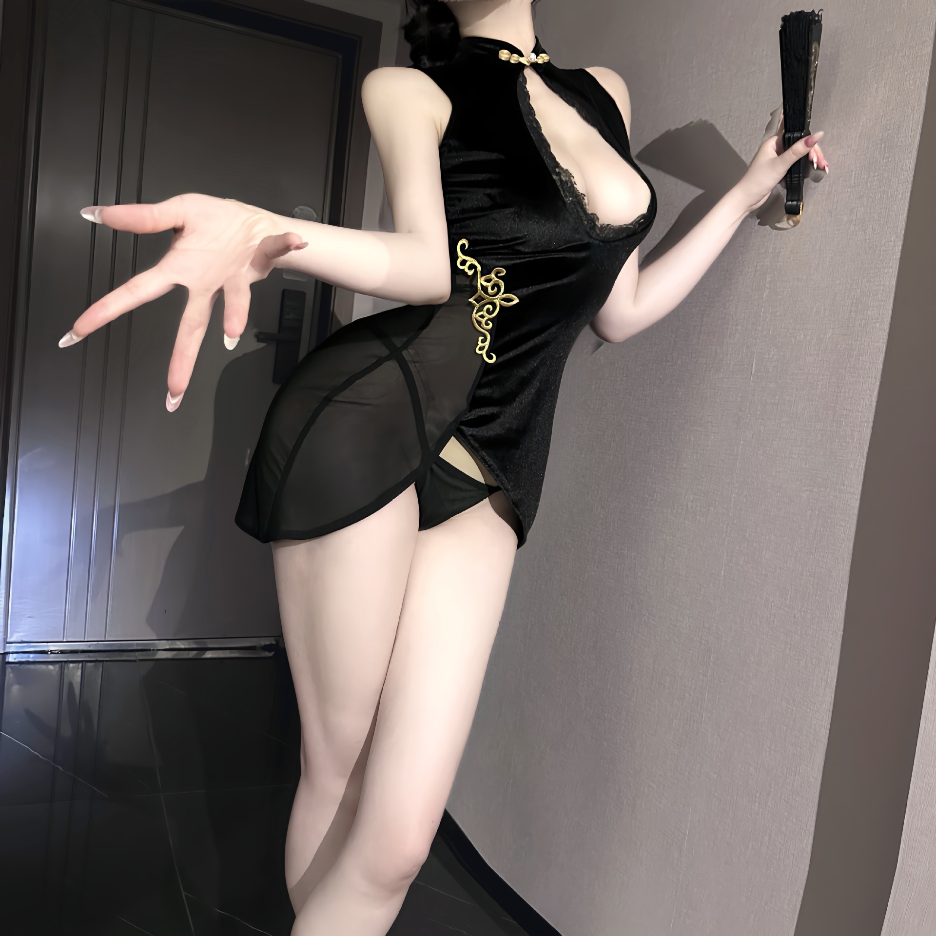 Sheer Lace Cheongsam Uniform Set with Stand Collar, Deep V-Neck and Hollow-Out Design - Image 3