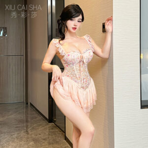 Floral Lace Corset Lingerie Set with Push-Up Pads, Mini Skirt and Thong