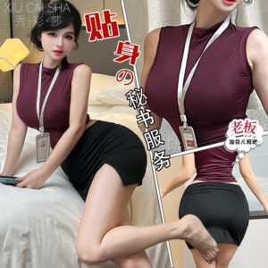 See-Through Secretary Uniform Lingerie Set with Miniskirt, Badge, Thong and Open-Crotch Stockings