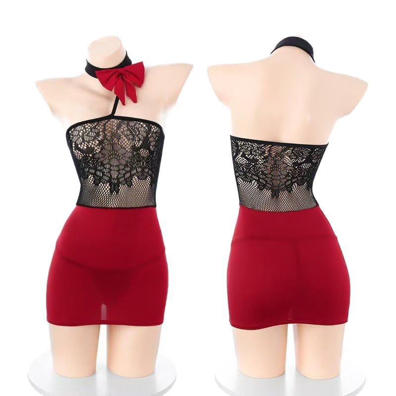 Open-Bust Mesh Babydoll Set, See-Through Lace Lingerie, Red-Black One Size - Image 5