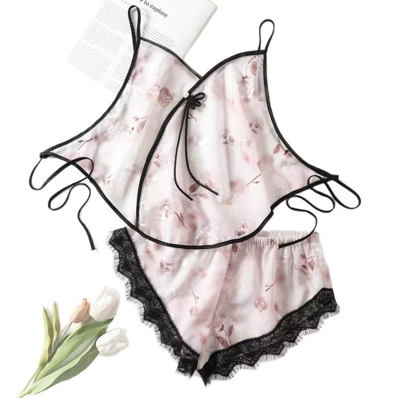 Ice Silk Lace Bellyband Pajama Set with See-Through Tulle and Suspenders - Image 5