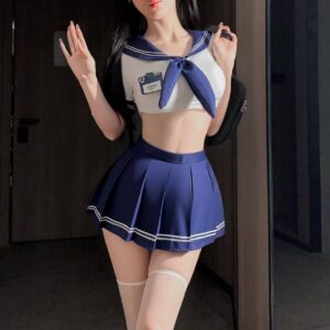 Sailor Schoolgirl Role-Play Lingerie Set with Pleated JK Skirt and White Stockings