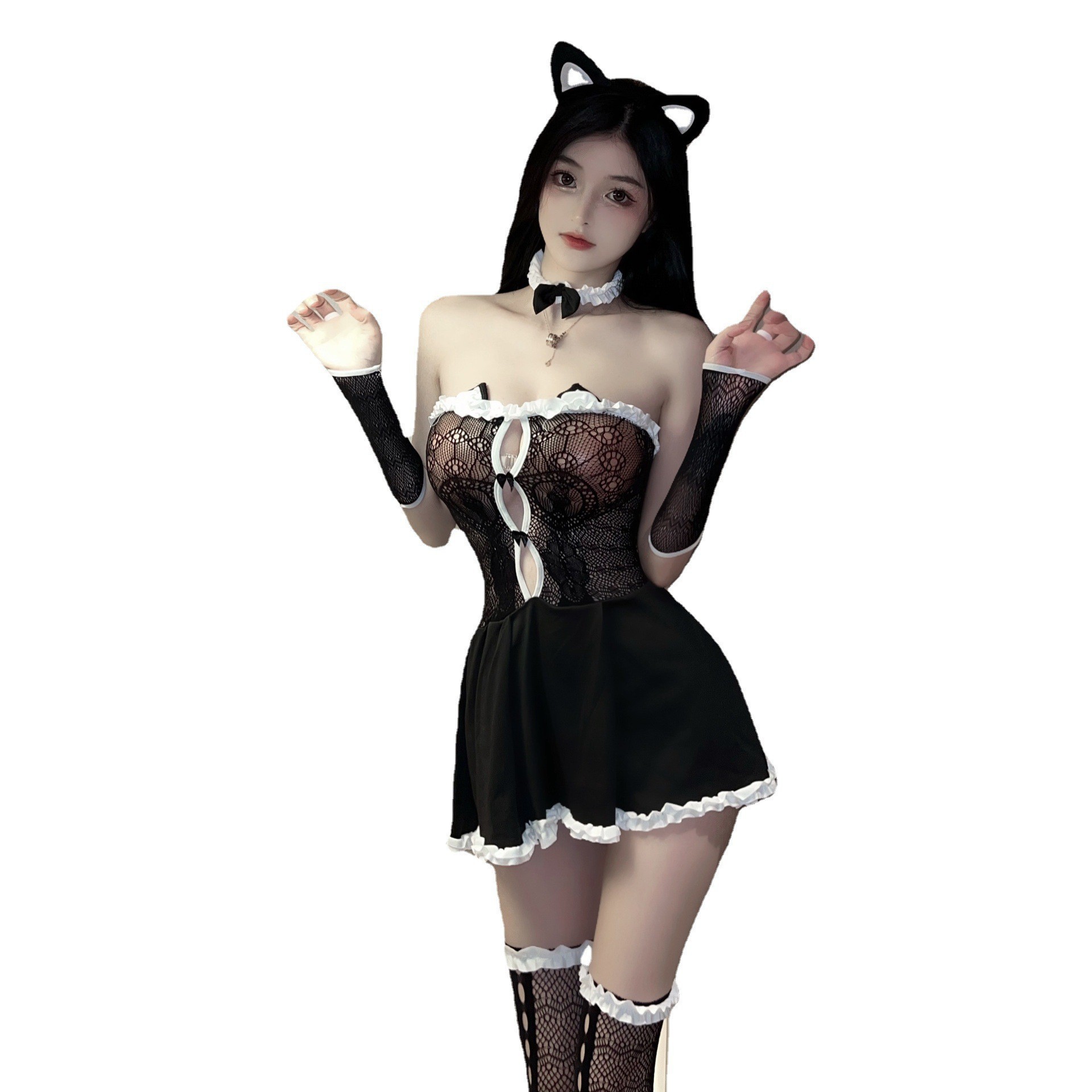 Women's Lace Roleplay Lingerie Set with Headband, Sleeves, Neck Ring and Socks - Image 5
