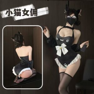 Cat Maid Lingerie Costume Set with Halter Neck Jumpsuit, Stockings and Ears