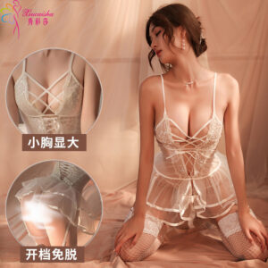 Lace Cross-Strap Babydoll with Garter Belt and Panty, White One Size
