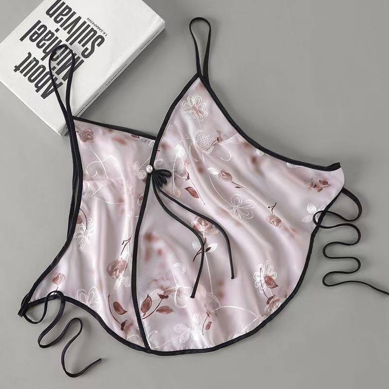Ice Silk Lace Bellyband Pajama Set with See-Through Tulle and Suspenders - Image 3