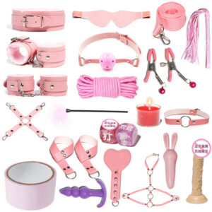 SM Bondage Kit with Handcuffs, Leather Whip and Anal Plug, Black Adult Set