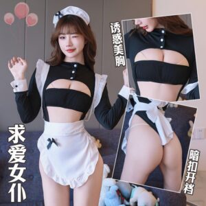 Sweet Maid Roleplay Costume Set with Open-Crotch Robe, Stockings and Short Dress