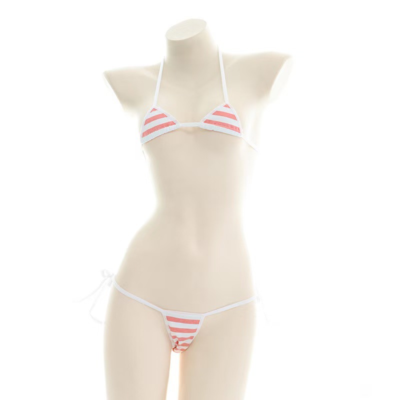 Three-Point Striped Lingerie Set with Split Bra and Panties in Pink - Image 4