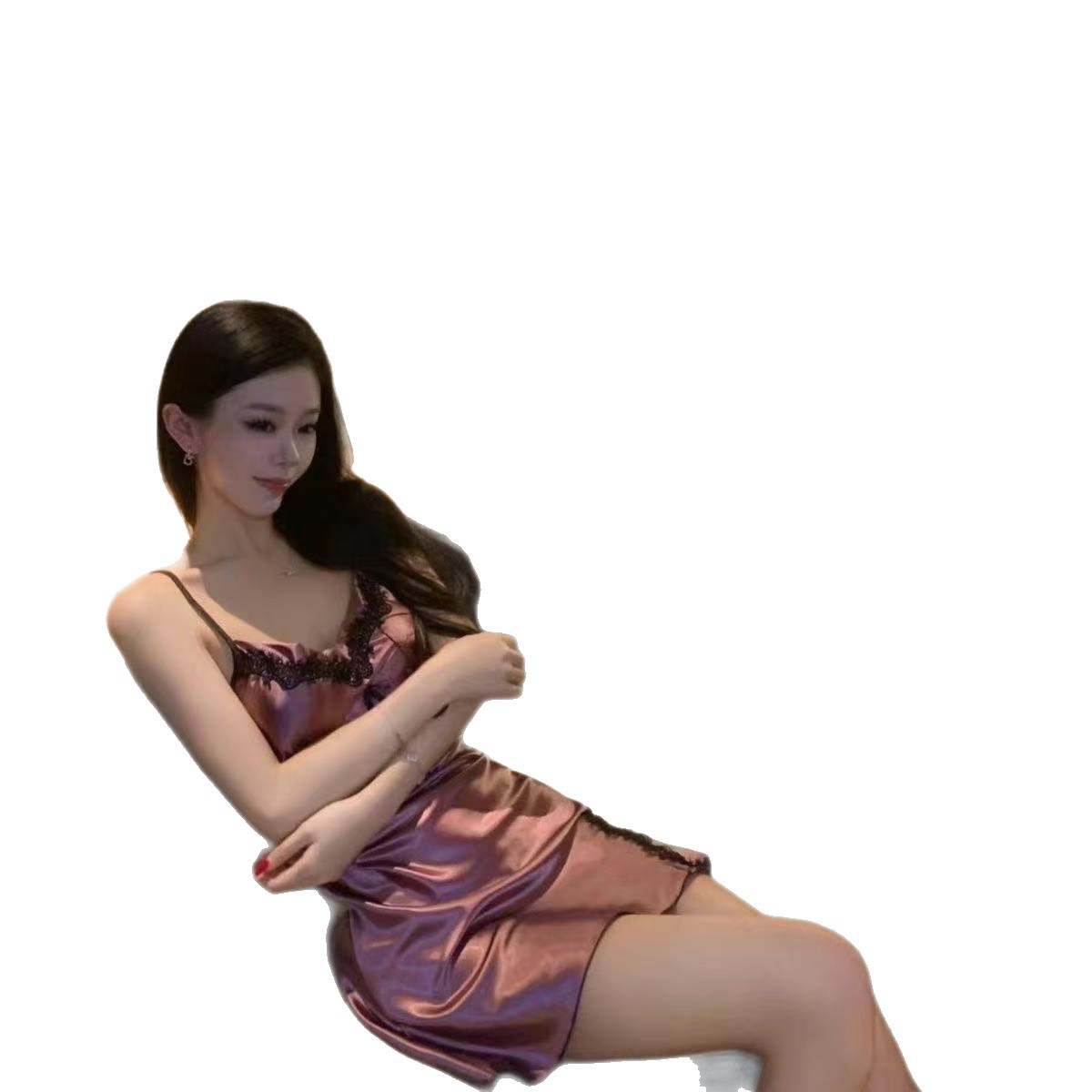 Ice Silk Satin V-Neck Camisole Nightdress Set with Chest Pads, Champagne One Size - Image 5
