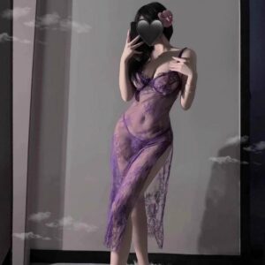 Purple See-Through Lace Lingerie Set with High-Slit Long Skirt and Suspenders