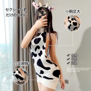 Cow Maid Knit Sweater Costume Set with Socks and Ears, Backless Open-Knit Design