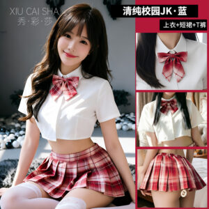 Student-Style Roleplay Lingerie Set with Plaid Skirt, Top, Bow Tie, Thong and Stockings