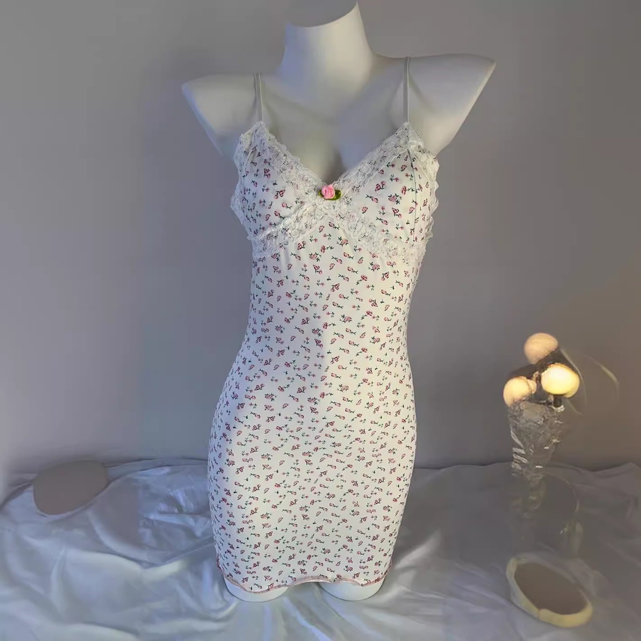 French-Style Lace Floral Sling Babydoll Pajama Dress with Detachable Chest Pad, M - Image 2