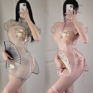 Sweet Cut Out Transparent Ice Silk High Slit Cheongsam Skirt with Rose Embroidery