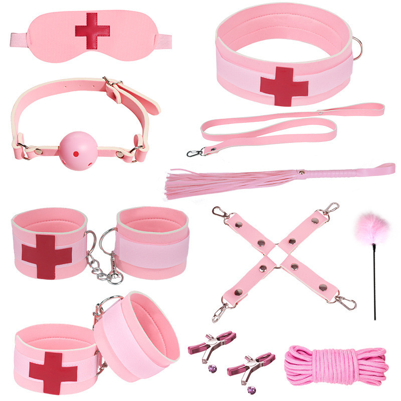SM Bondage Kit 11-Piece Set with Rope Handcuffs Nipple Clamps and Mouth Ball - Image 2