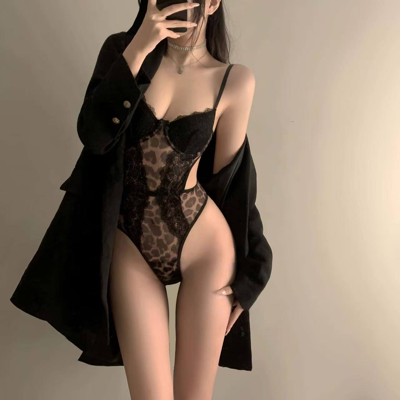 Leopard Print Lace Underwire Push-Up Bodysuit, One-Size Polyester Lingerie - Image 4