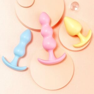 Anal Bead Plug with Pull Tail, Flexible TPE Beads, Pink Yellow Light Blue