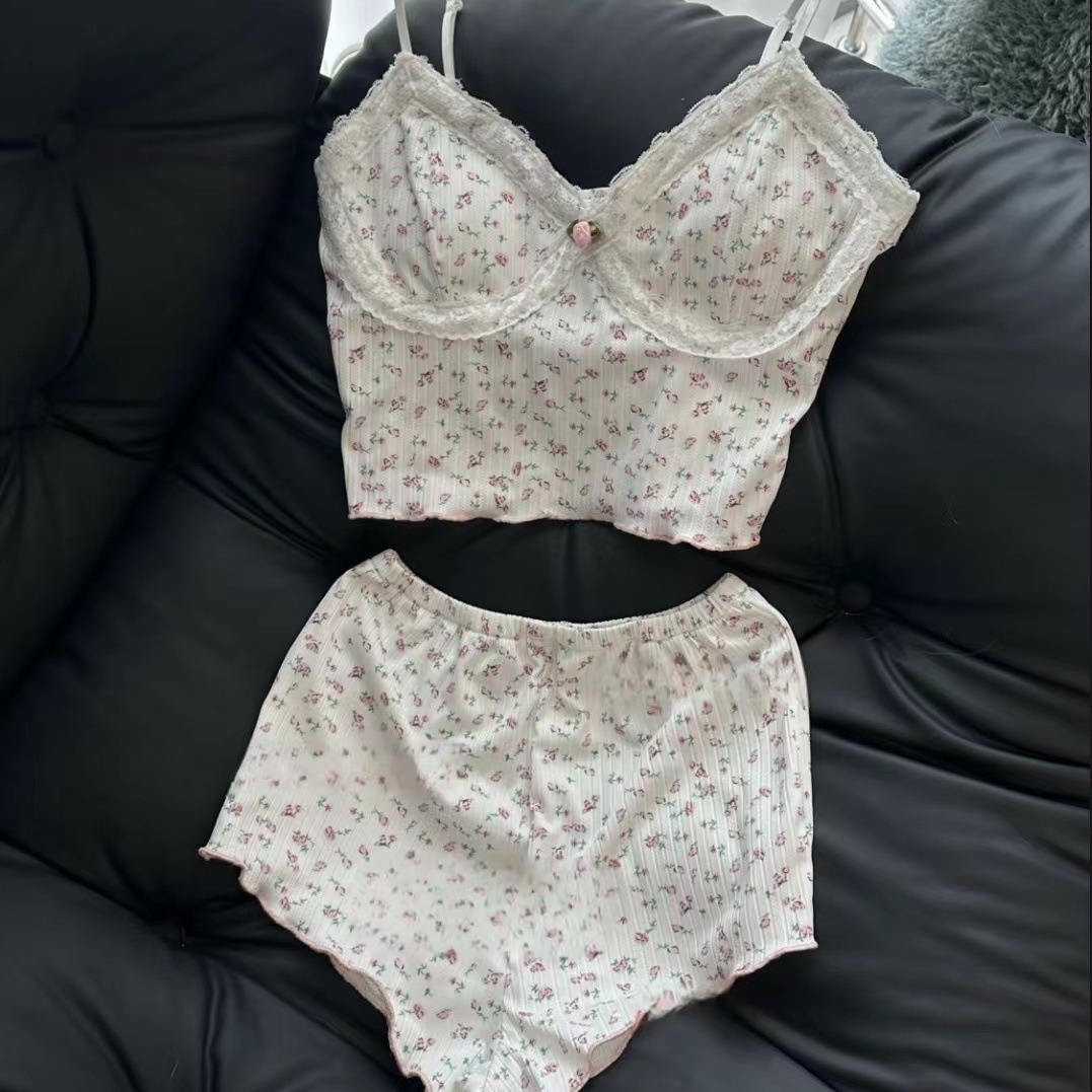 Rose Floral V-Neck Sling Nightdress Jumpsuit with Chest Pad - Image 3