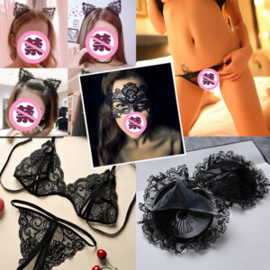 Lace Headgear Lingerie Set with Breast Stickers, Silk Stockings and Blindfold