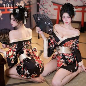 Women's Japanese-Style Kimono Lingerie Set with Low Neckline, Fitted Waist and Wide Sleeves
