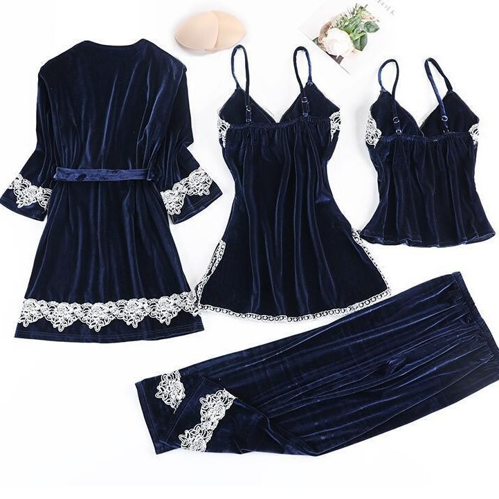 Women's Lace Pajama Set with Gold Velvet Finish, Five-Sleeve Top and Seven-Point Pants, Royal Blue XXL - Image 5