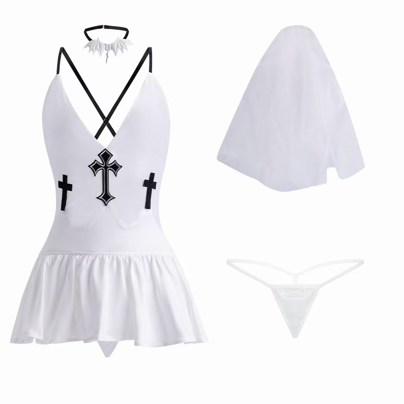 White Nun Witch Costume Nightgown Set with Deep V and Butterfly Stockings - Image 5