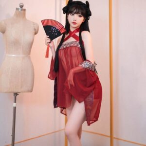 Costsize Plus Size Hanfu-Style Sheer Mesh Babydoll Set with Robe, Bandeau and Panty