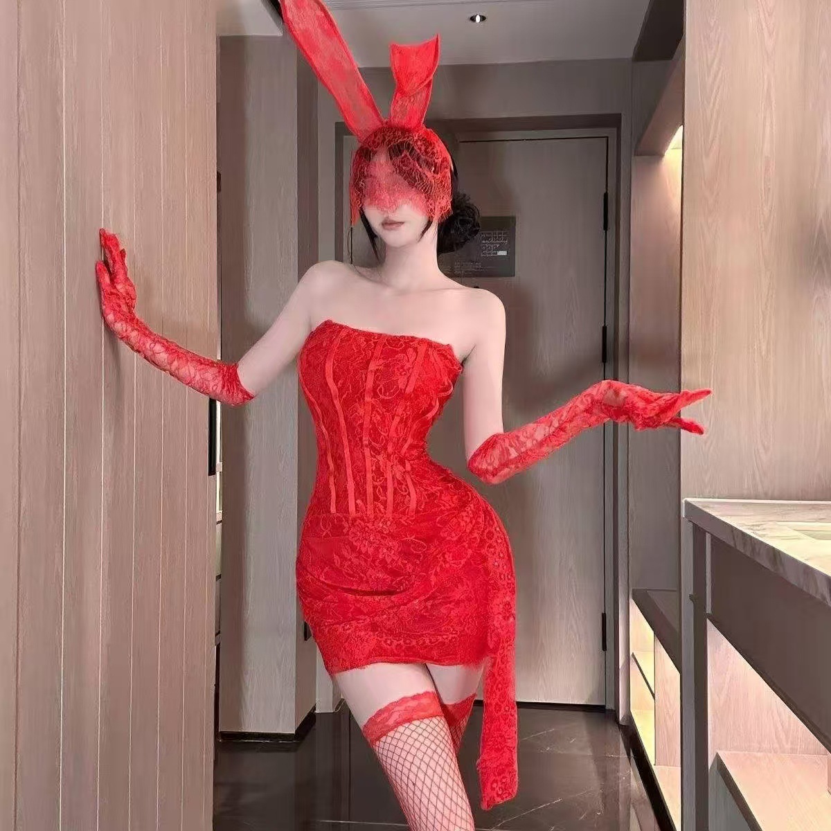 Pure Lust See-Through Mesh Cosplay Pajama Set with Top, Skirt and Arm Sleeves - Image 3