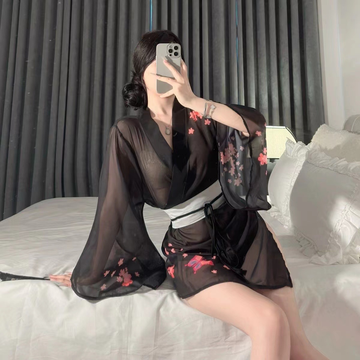 Japanese-Style Cherry Blossom Kimono Lingerie Set with Deep-V Top and Matching Open-Toe Stockings - Image 4