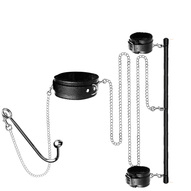 SM Bondage Collar and Anal Plug Set with Traction Chain, Faux Fur Detail, Red - Image 5