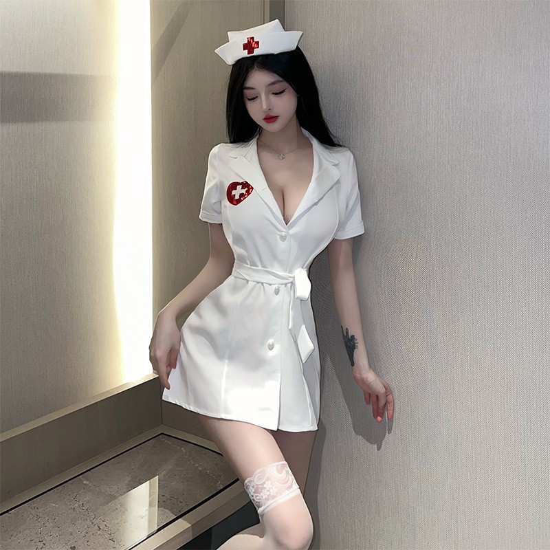 Women's Nurse Role Play Costume Set with Pink Dress and Open-Crotch Stockings - Image 2