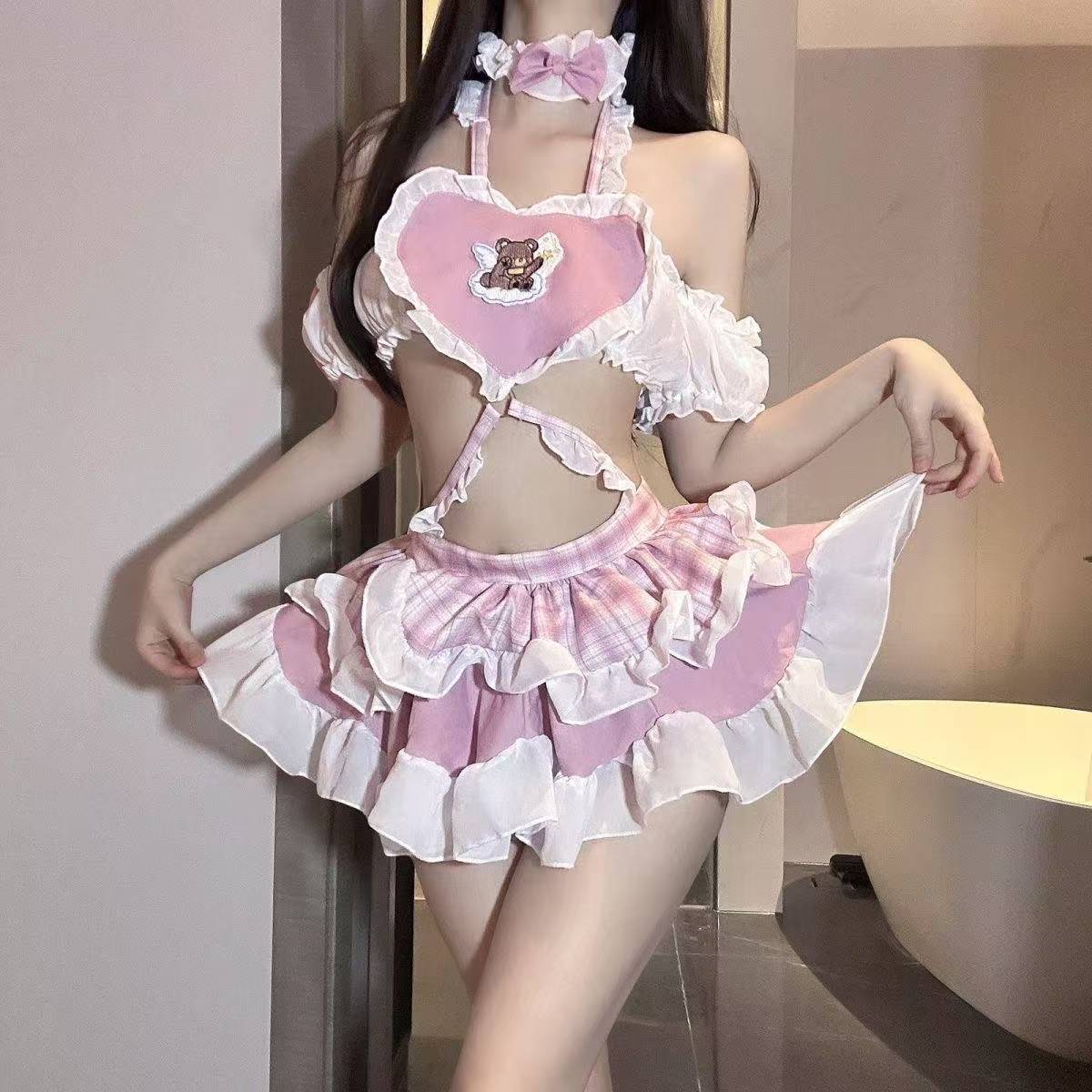 Moe Q Maid Uniform Lingerie Set with White Bodystocking, Chiffon Fabric - Image 2
