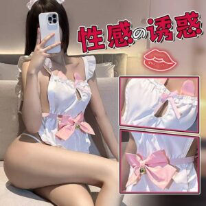 Maid Roleplay Costume Dress with Hollow Backless Lace Bow and Panty