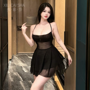 Sheer Mesh Halter Babydoll Dress with Thong and Stockings, Backless Peacock Green