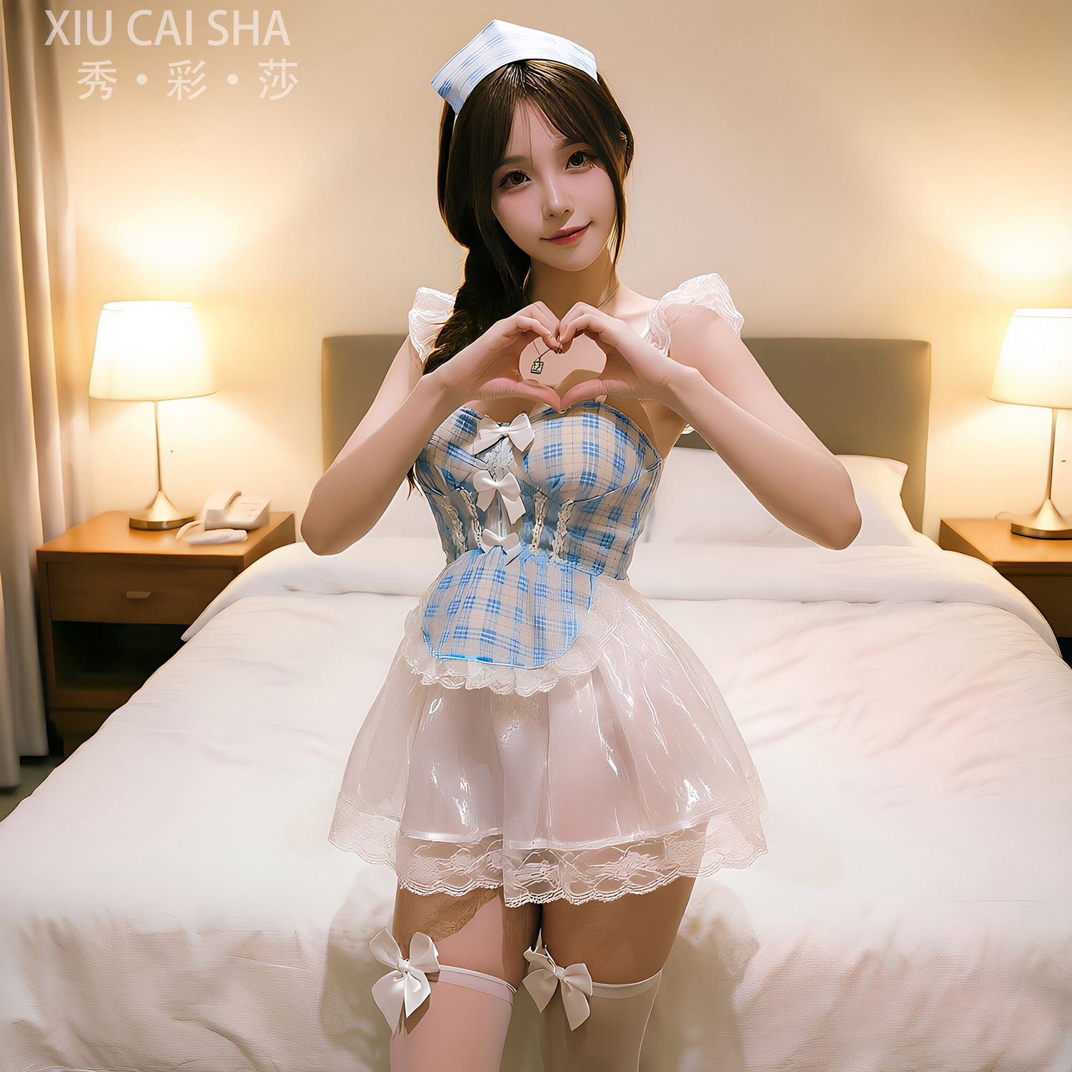 Blue Plaid Lace Maid Outfit Set with White Bow Stockings, One Size - Image 3