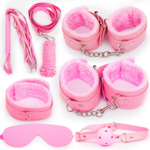 Leather Bondage Set 10-Piece with Plush Lining, Restraints and Whip, Black