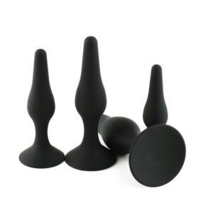 Silicone Anal Plug 4-Piece Set with Suction Cups, Black Body-Safe Training Kit