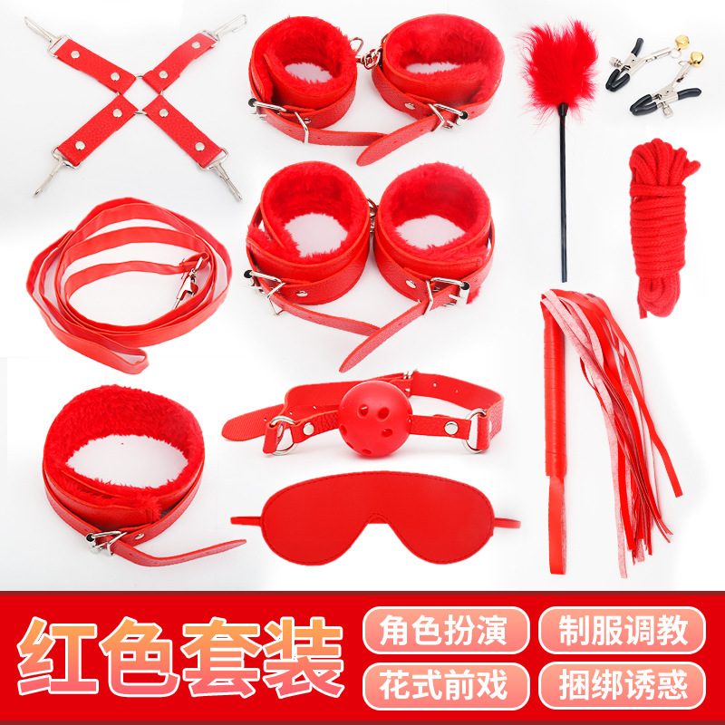 Leather Bondage Set 10-Piece with Plush Lining, Restraints and Whip, Black - Image 3
