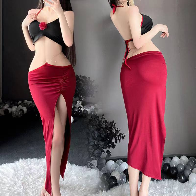 Rose Lady Backless Slit Cheongsam-Style Lingerie Dress with Briefs - Image 2