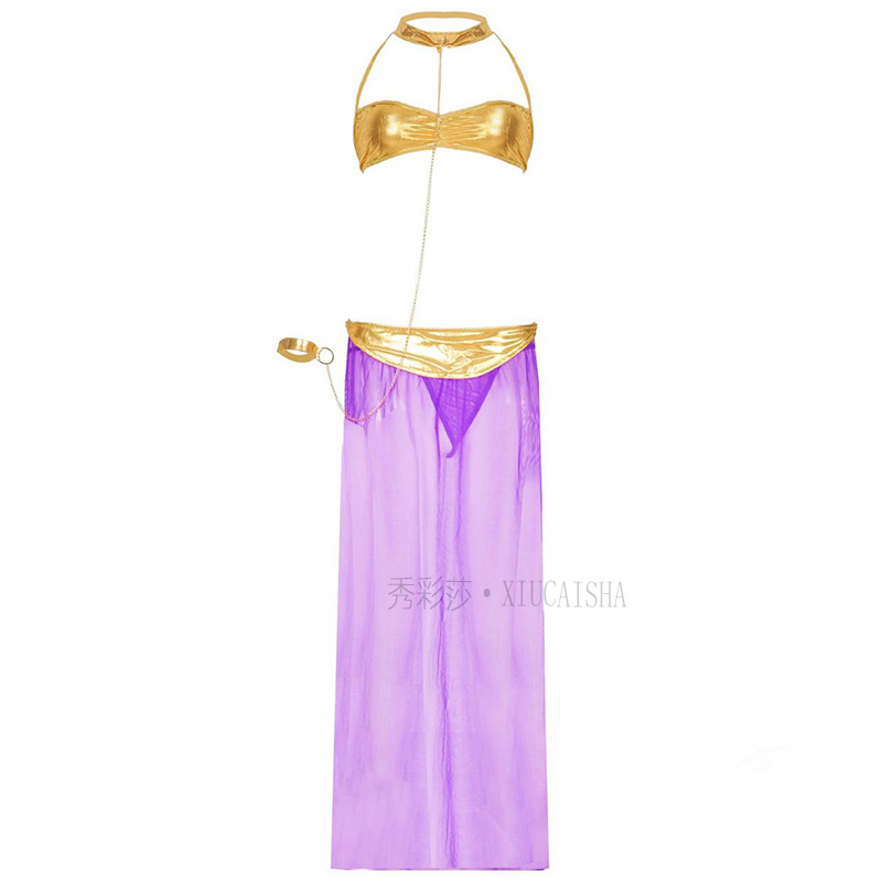 Purple Patent Leather Look See-Through Long Dress with Slit, Provocative Role-Play Lingerie Set, One Size - Image 5