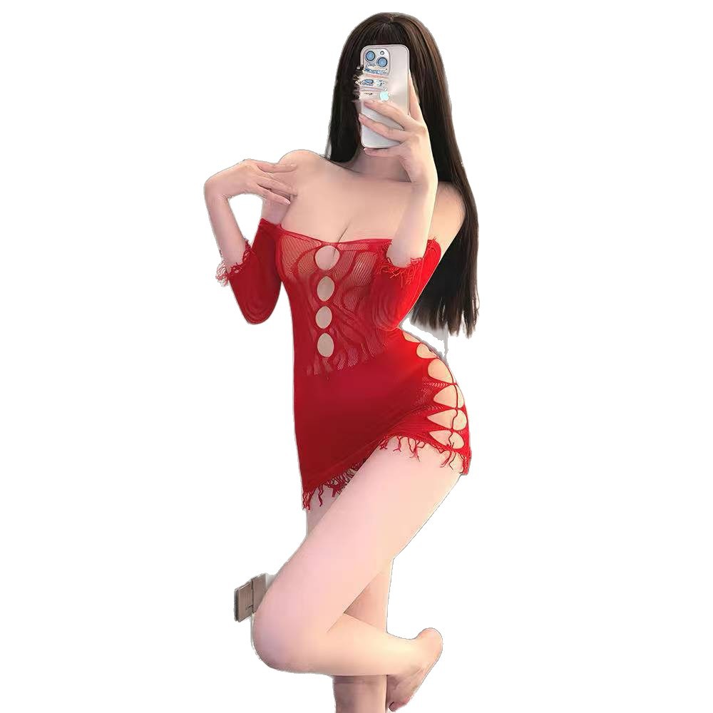One-Shoulder See-Through Mesh Mini Dress, Long-Sleeve Open-Crotch Lingerie, White One Size - Image 5