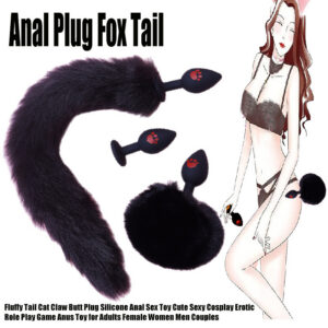 Fox Tail Anal Plug Three-Piece Set, Cat Paw Print Silicone Beads, Black