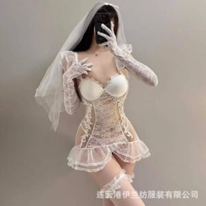 Bridal Lace Mesh Babydoll Set with Chest Pad, Underwire, Blindfold and White Stockings