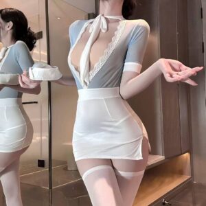 Maid Secretary Role-Play Uniform Set with Hat, Neck Tie, Hip-Hugging Skirt and Panties