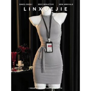 Sleeveless Halter Neck Maid Bodycon Dress, White Polyester Secretary Roleplay Lingerie